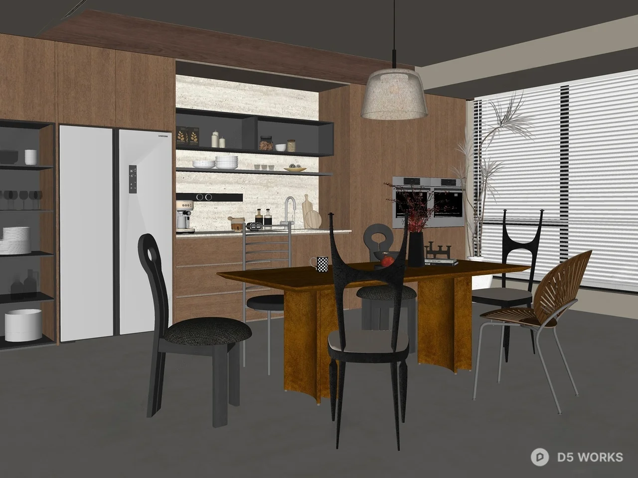 Modern Minimalist Dining Room With Wooden Table And Sculptural Chairs 3d model thumbnail 2