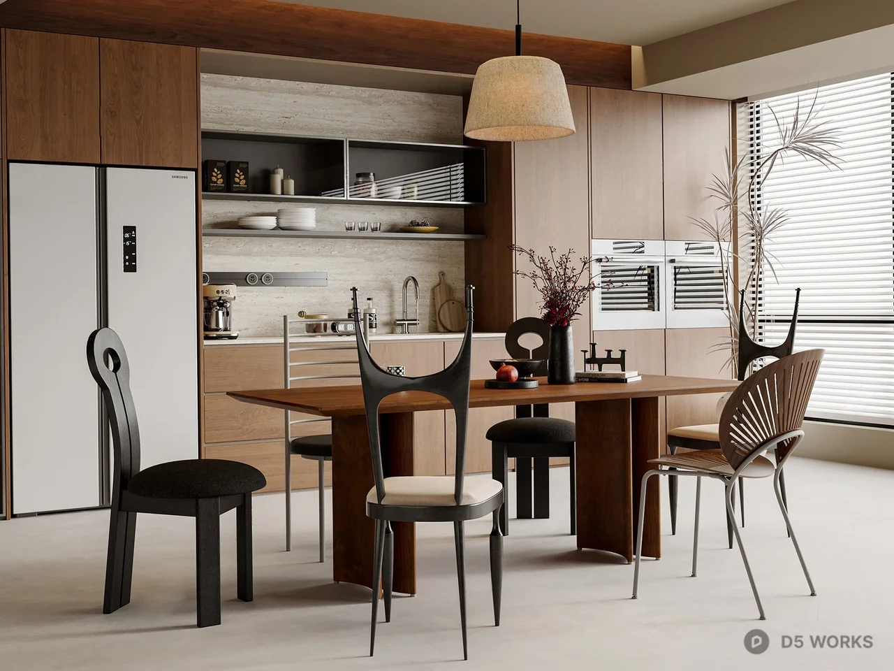 Modern Minimalist Dining Room With Wooden Table And Sculptural Chairs 3d model - Image 1