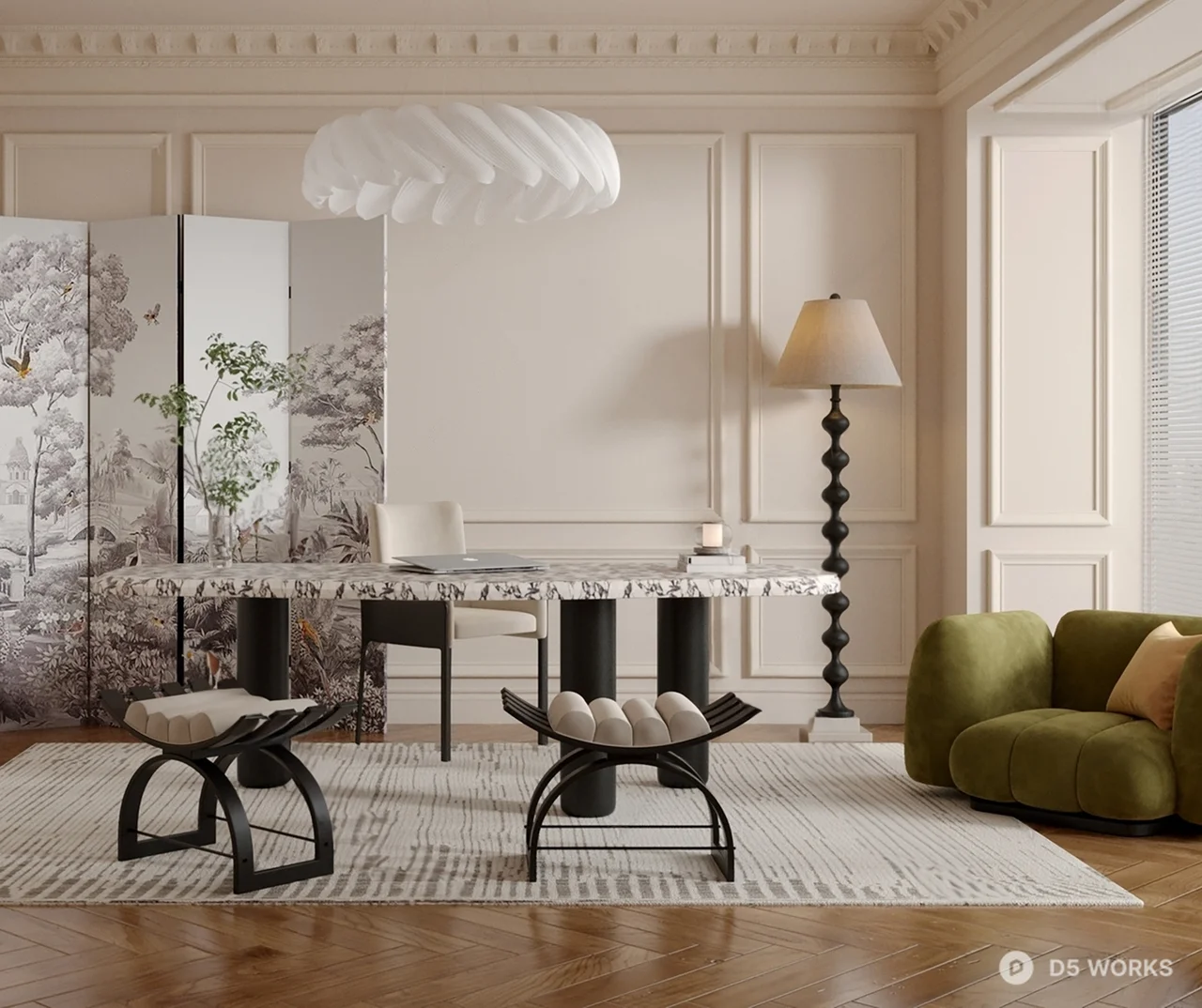 Mid Century Modern Study Room with Marble Desk and Velvet Sofa 3d model - Image 1