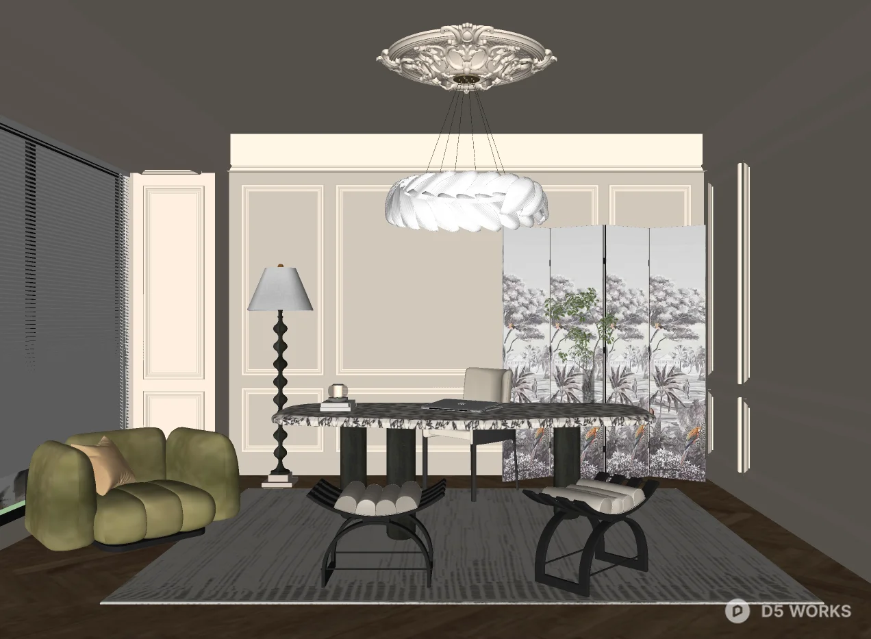 Mid Century Modern Study Room with Marble Desk and Velvet Sofa 3d model thumbnail 2