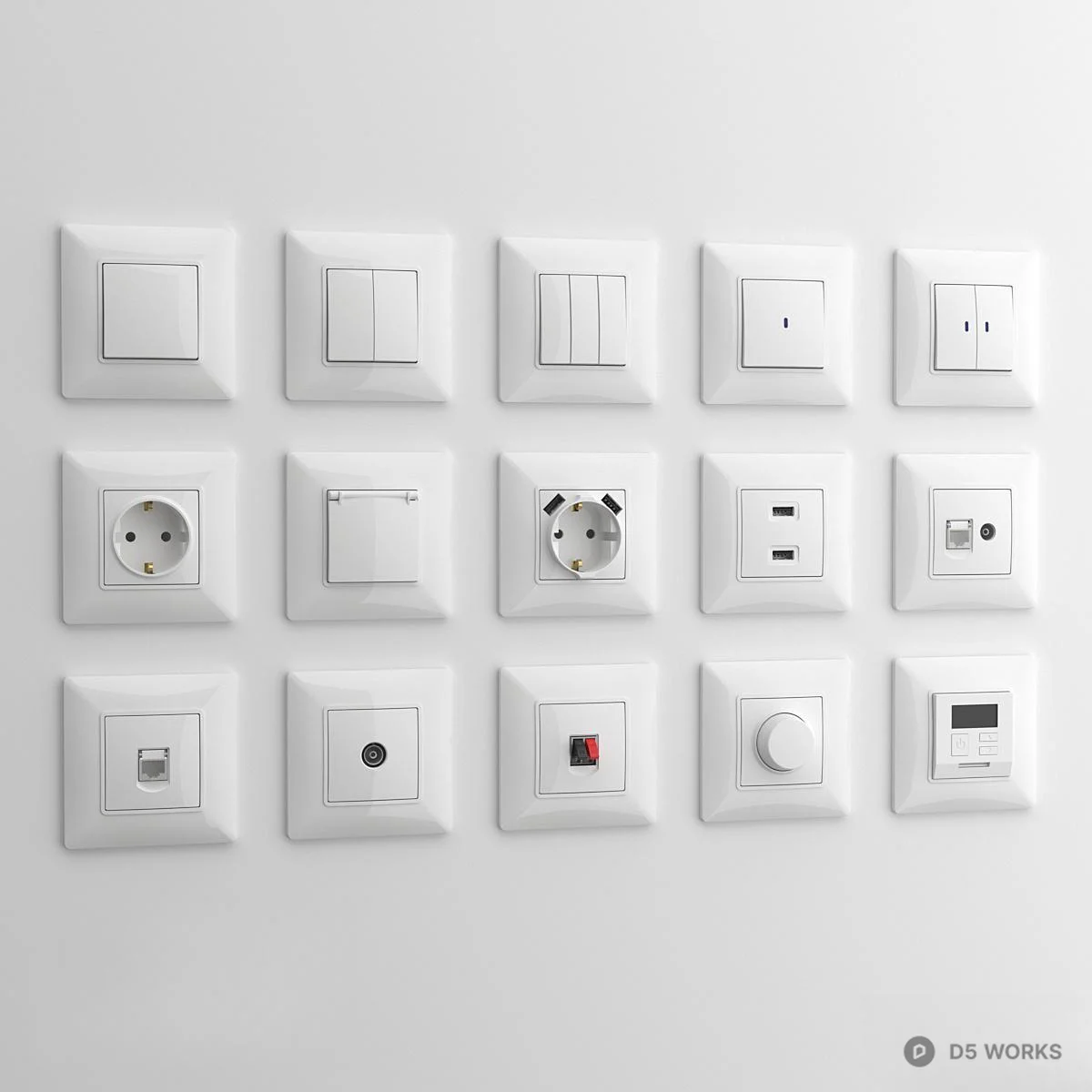 White Modular Switch And Socket Panel Set 3d model - Image 1