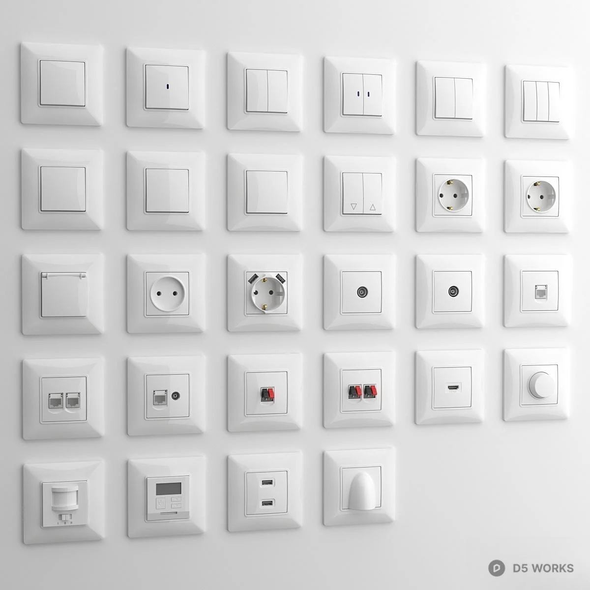 White Modular Switch And Socket Panel Set 3d model thumbnail 2