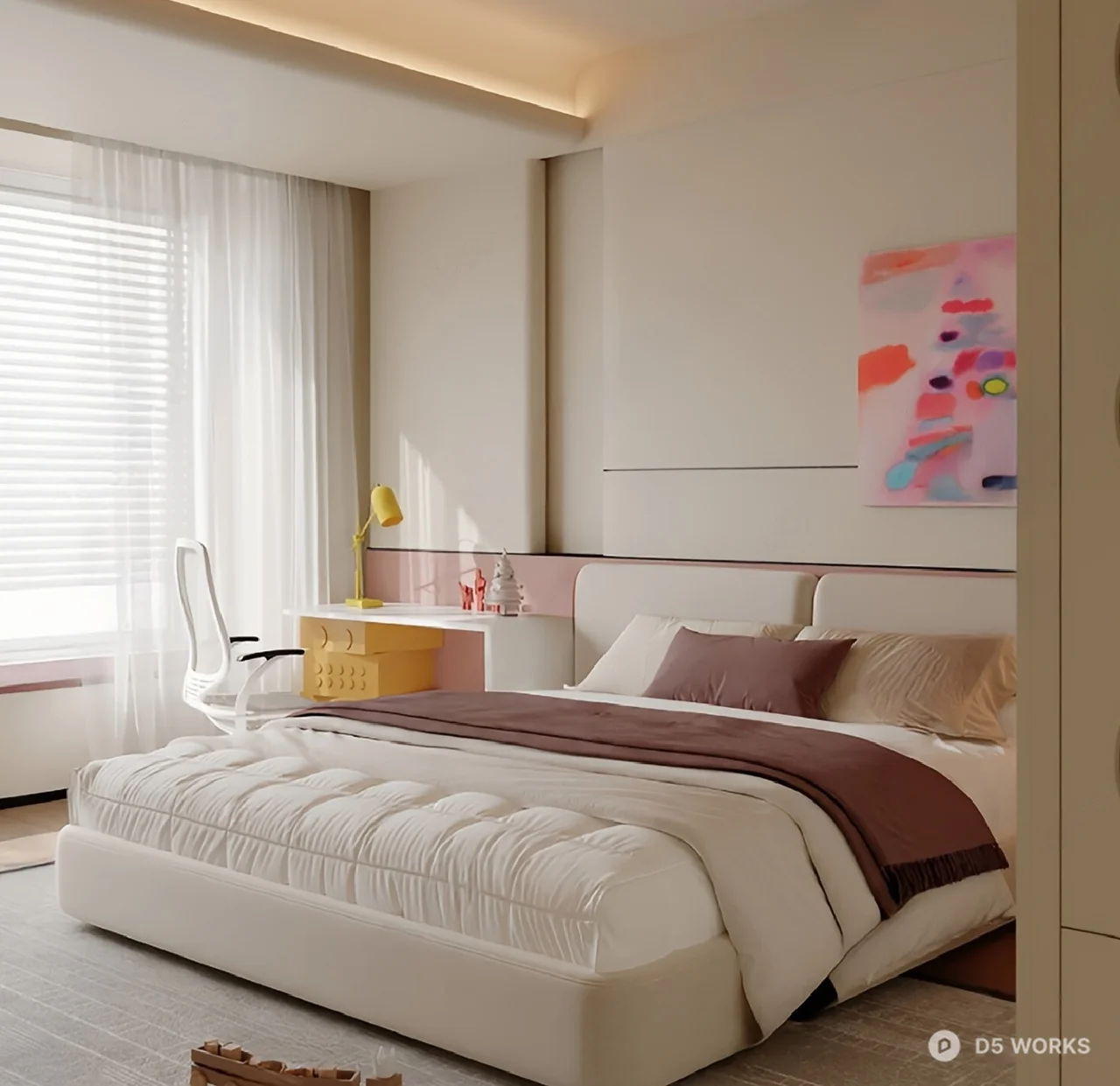 Modern Minimalist Bedroom with Abstract Art 3d model - Image 1