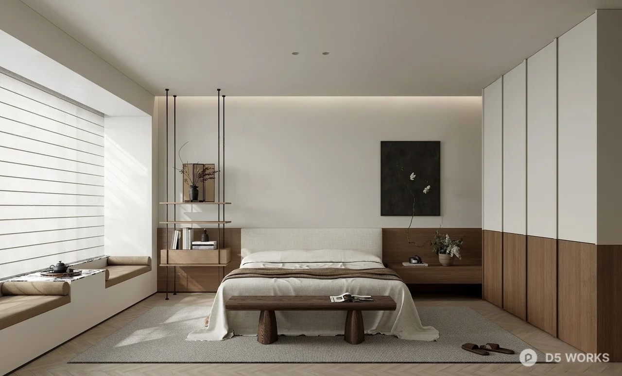 Minimalist Japanese Style Bedroom with Integrated Storage 3d model - Image 1