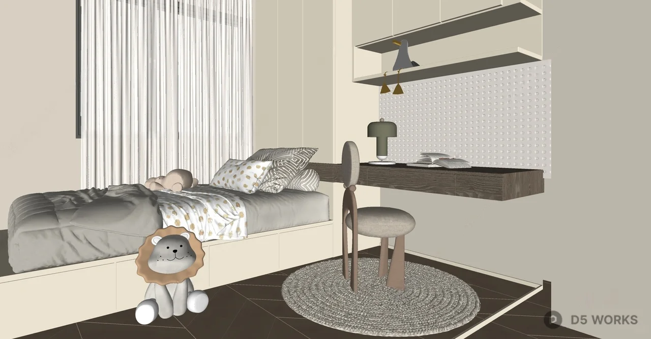 Minimalist Children's Room With Integrated Desk And Lion Plush Decor 3d model thumbnail 2