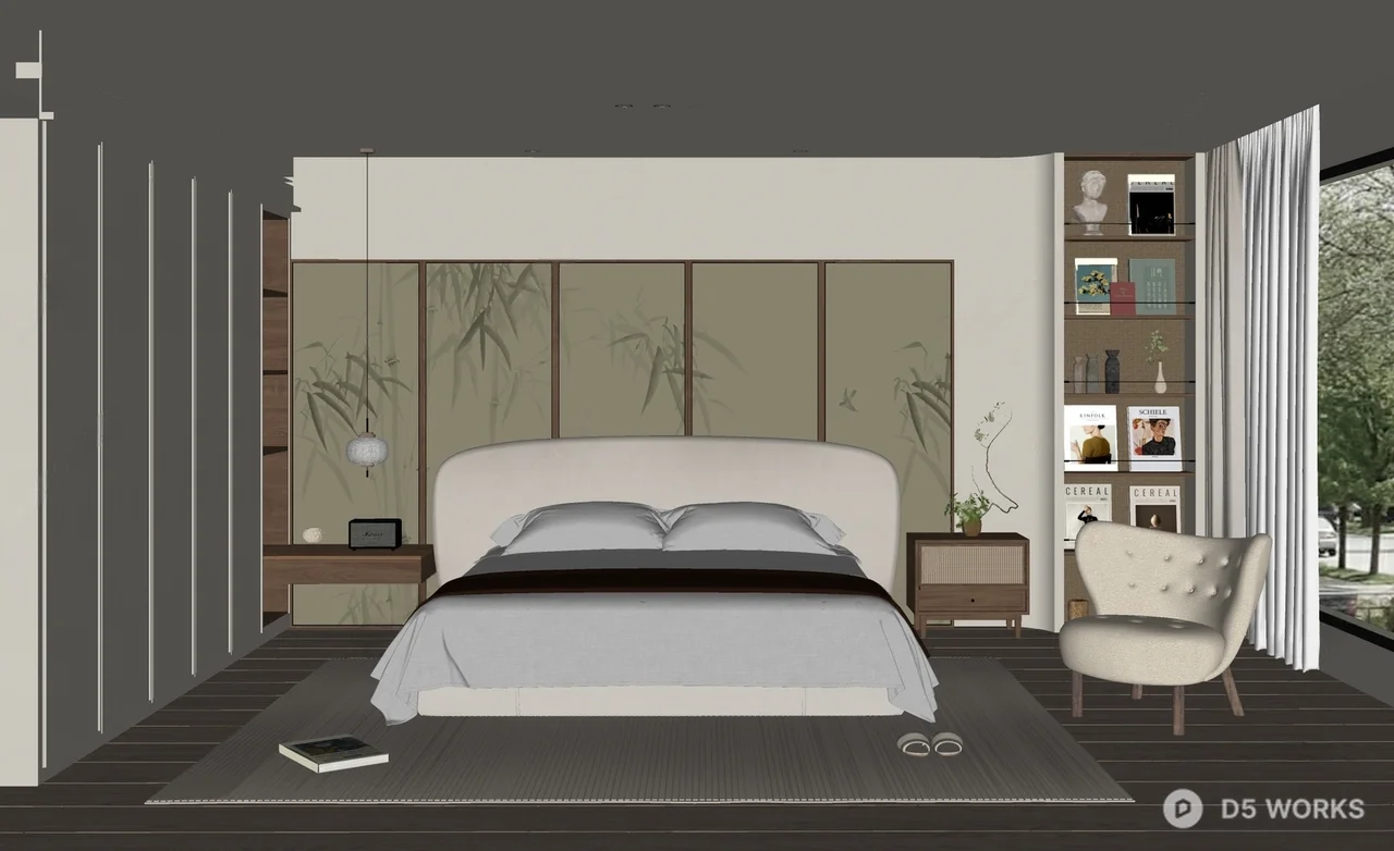 Minimalist Bedroom with Green Accent Wall 3d model thumbnail 2