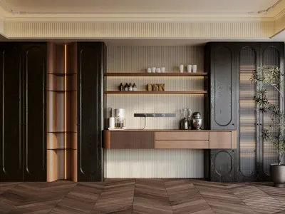 Mid Century Modern Dining Nook with Integrated Shelving 3d model