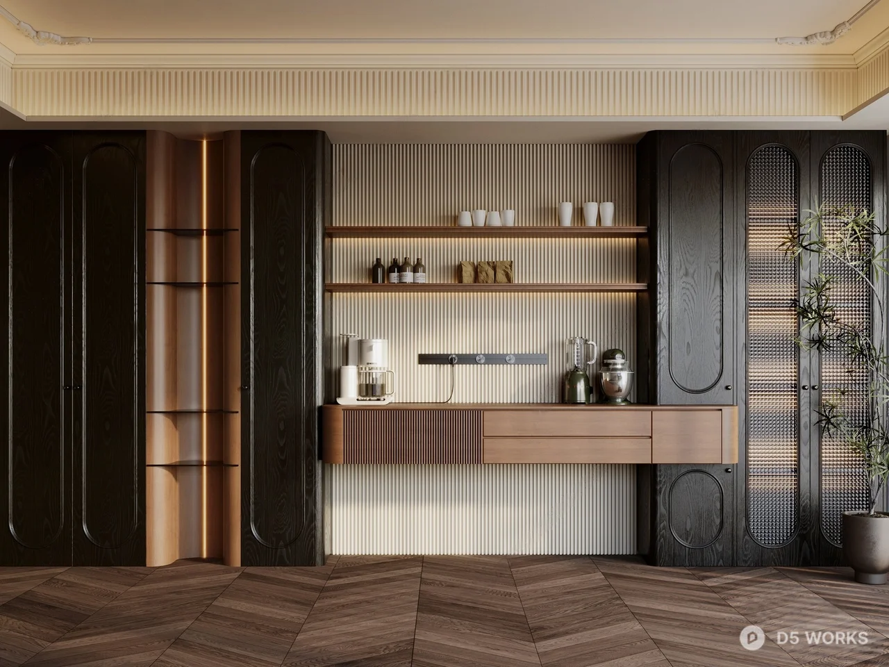 Mid Century Modern Dining Nook with Integrated Shelving 3d model - Image 1