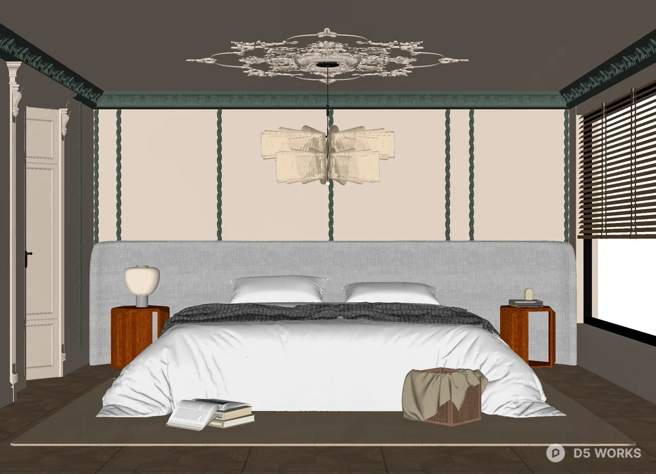 French Style Bedroom with Geometric Wall Panels 3d model thumbnail 2