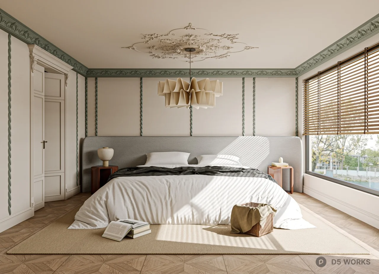 French Style Bedroom with Geometric Wall Panels 3d model - Image 1