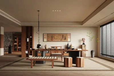 Minimalist Chinese Tea Room with Wooden Furniture 3d model