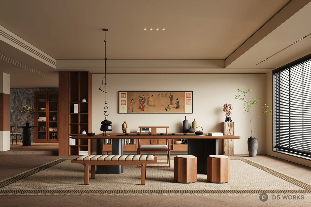 Minimalist Chinese Tea Room with Wooden Furniture 3d model - Image 1
