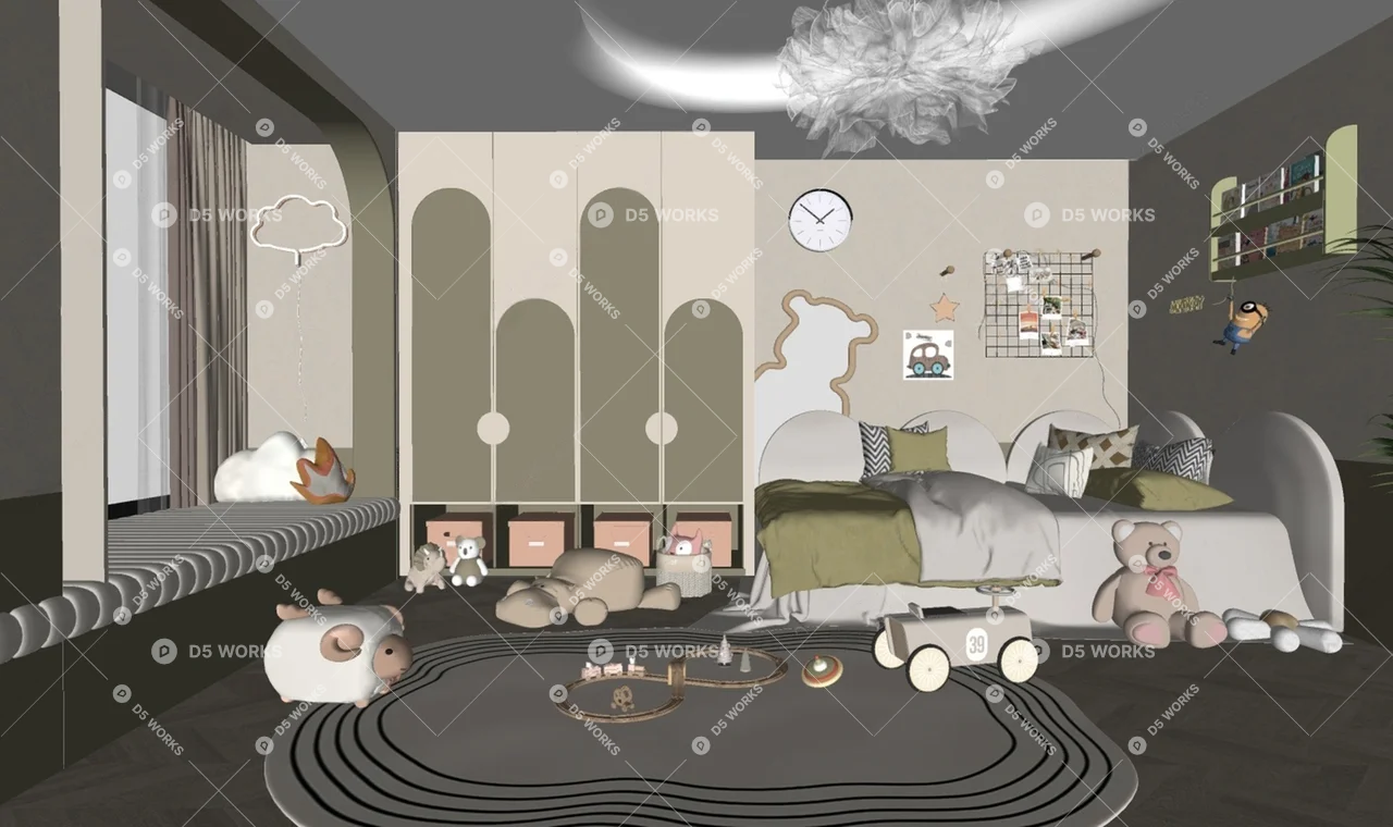 Minimalist Children's Bedroom With Play Area And Storage 3d model thumbnail 2