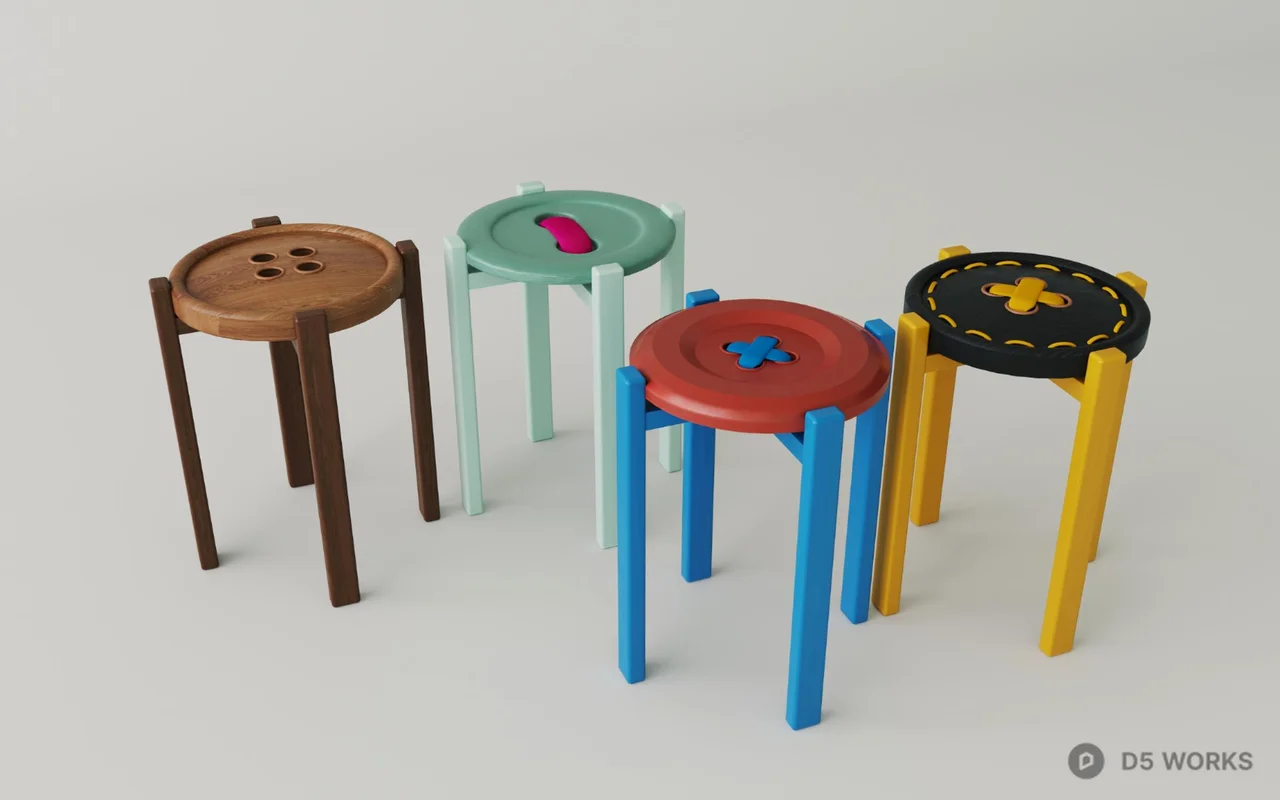 Colorful Button-Top Stools With Wooden Legs 3d model - Image 1