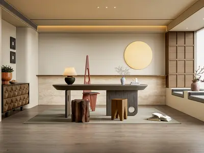 Minimalist Study Room With Wooden Floor And Round Wall Decor 3d model