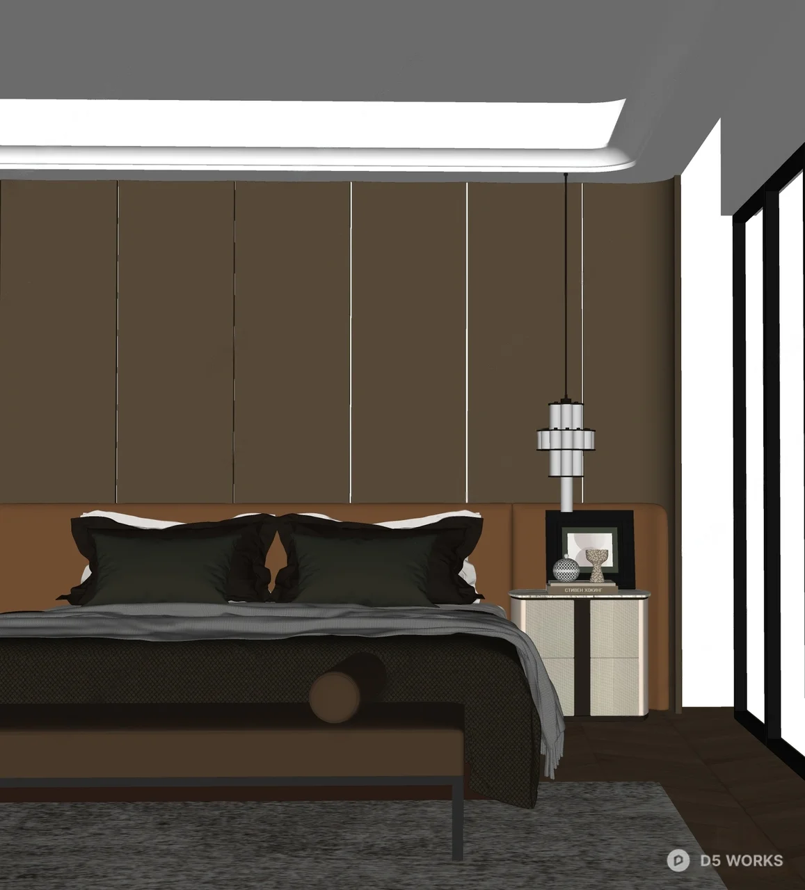 Modern Minimalist Bedroom with Wooden Panel Accent Wall 3d model thumbnail 2