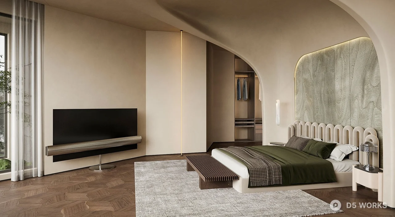 Minimalist Bedroom with Curved Arch and Marble Headboard 3d model - Image 1