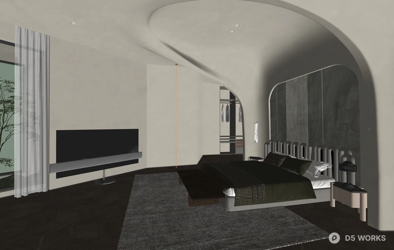 Minimalist Bedroom with Curved Arch and Marble Headboard 3d model thumbnail 2