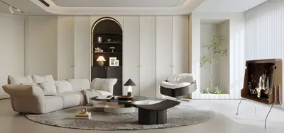 Modern Minimalist Living Room with Curved Sofa and Arch Shelving 3d model