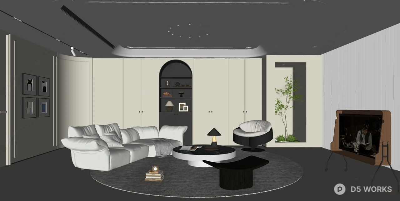 Modern Minimalist Living Room with Curved Sofa and Arch Shelving 3d model thumbnail 2