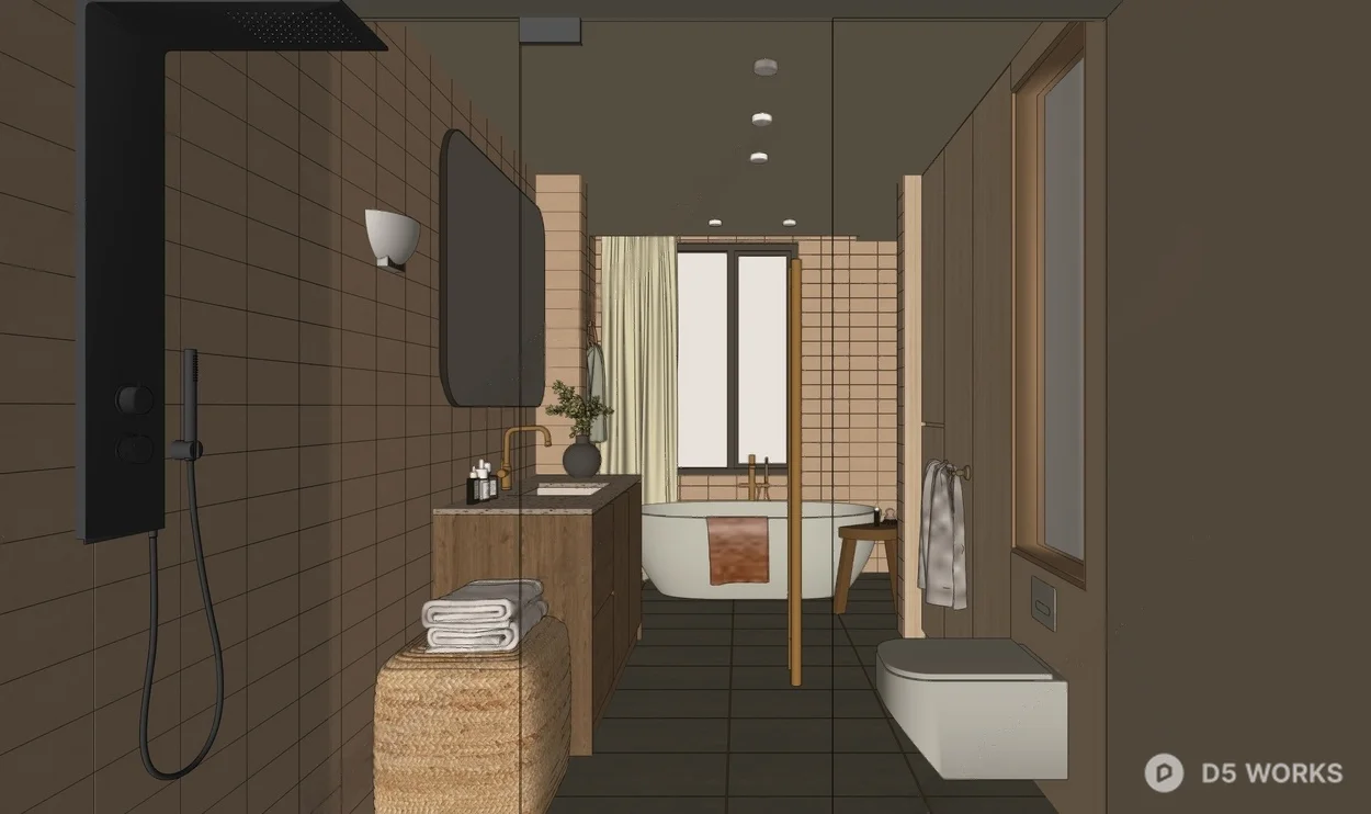 Minimalist Bathroom With Bathtub And Wooden Vanity 3d model thumbnail 2