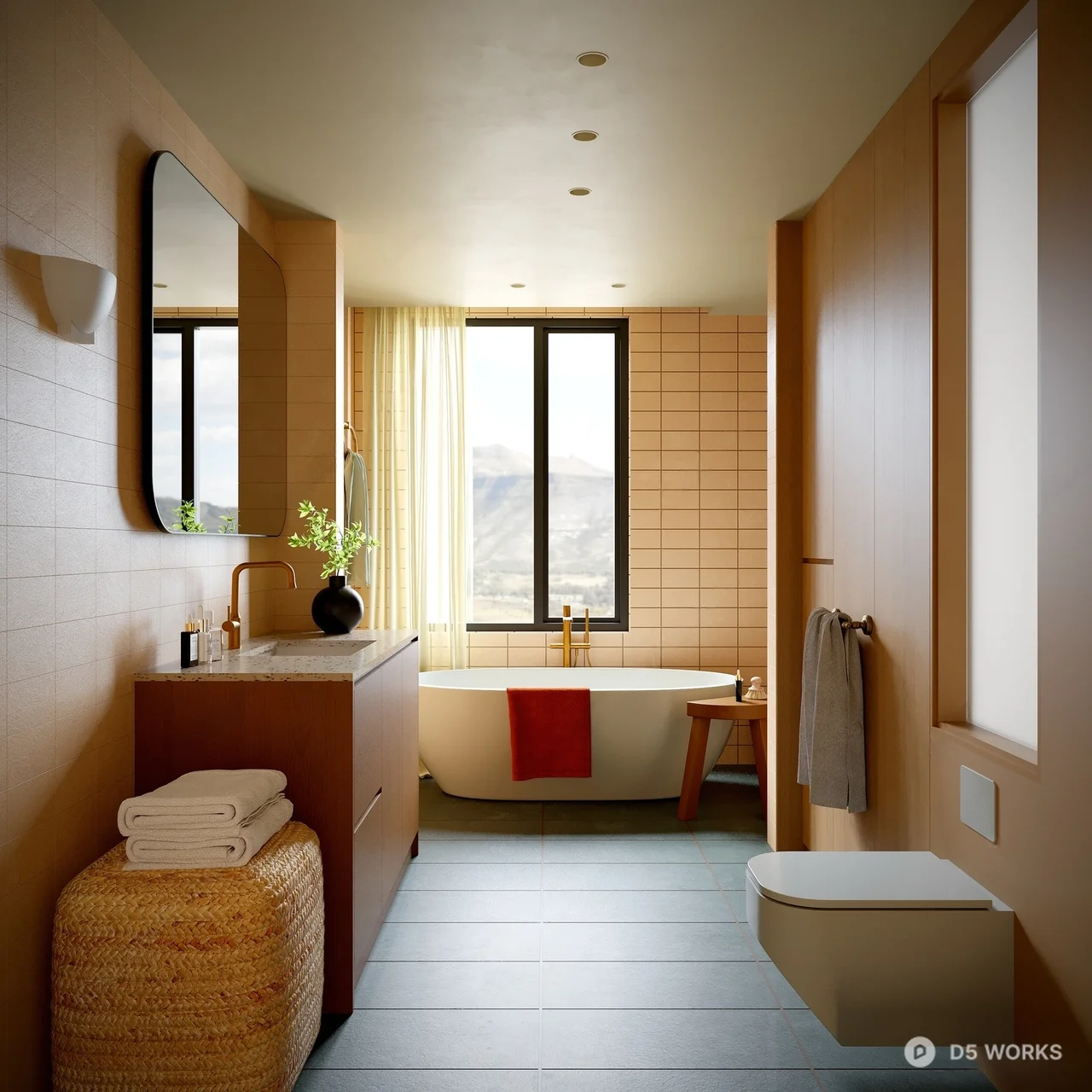 Minimalist Bathroom With Bathtub And Wooden Vanity 3d model - Image 1