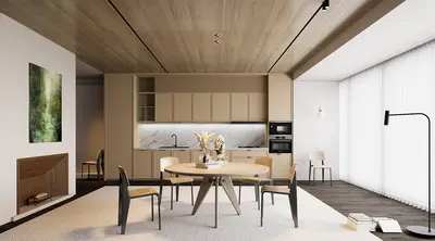 Modern Minimalist Dining Room with Wooden Ceiling 3d model