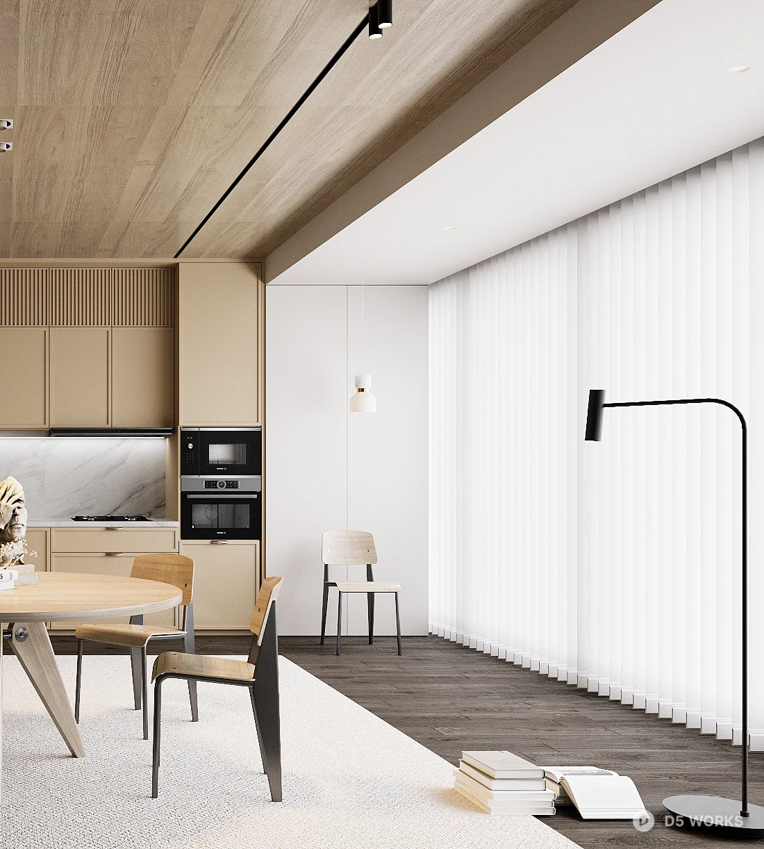 Modern Minimalist Dining Room with Wooden Ceiling 3d model thumbnail 3