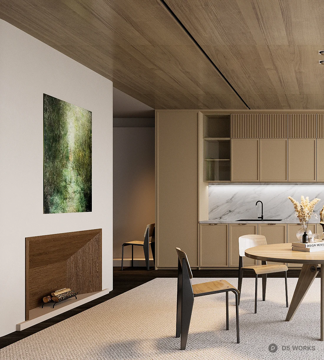 Modern Minimalist Dining Room with Wooden Ceiling 3d model thumbnail 2