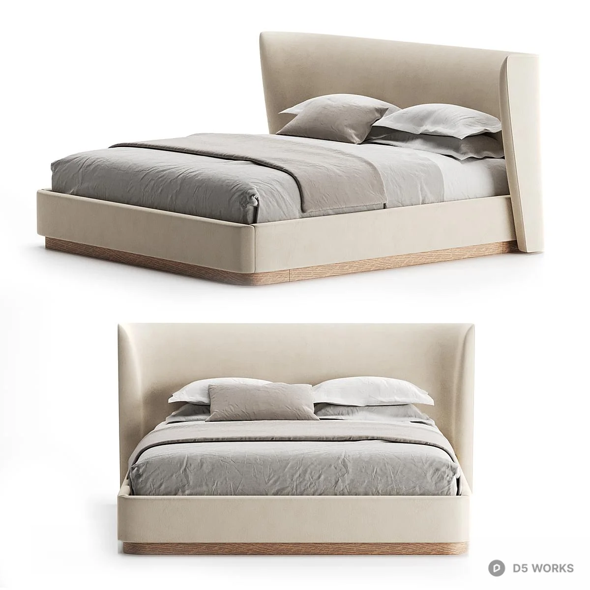Upholstered Headboard Double Bed With Wood Base 3d model thumbnail 2