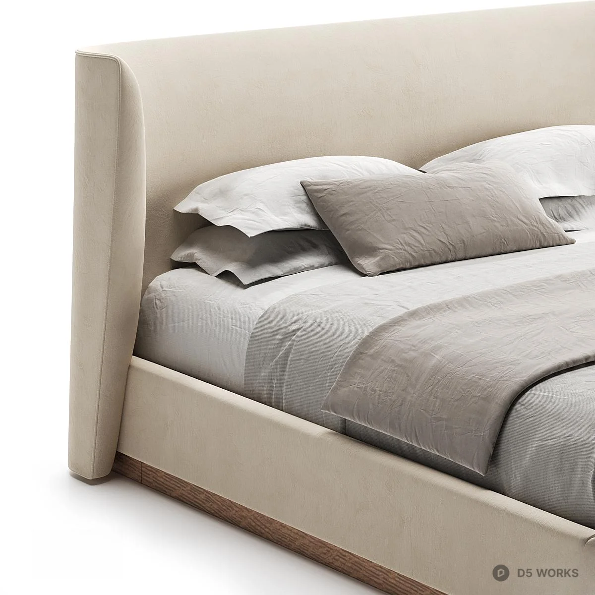 Upholstered Headboard Double Bed With Wood Base 3d model thumbnail 3