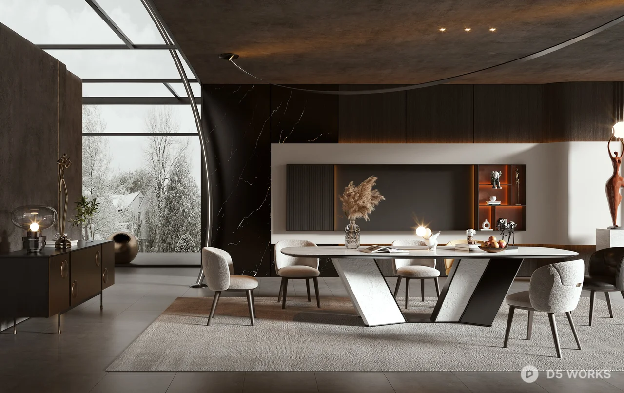 Modern Villa Dining Room with Sculptural Table 3d model - Image 1
