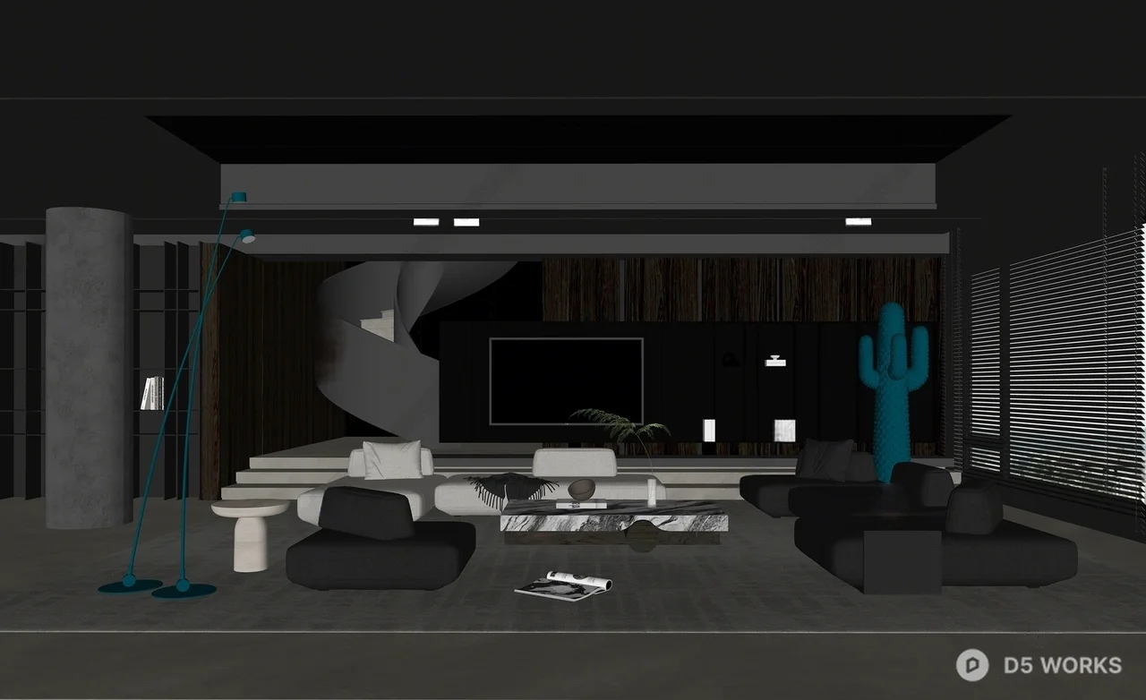 Modern Minimalist Villa Living Room with Dark Tones 3d model thumbnail 2