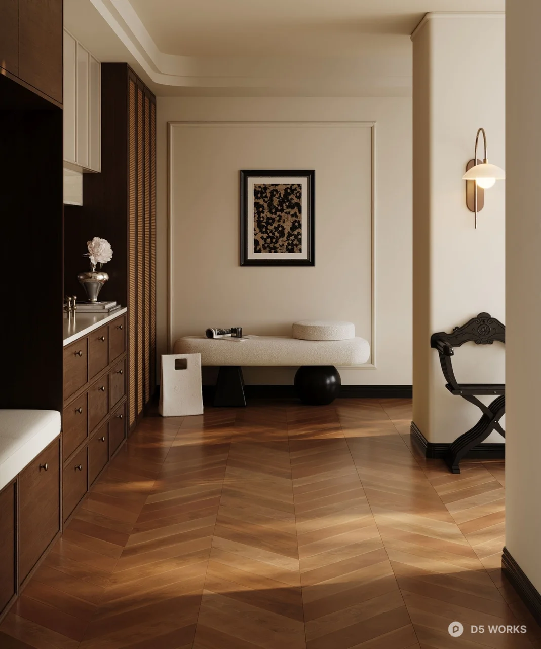 Minimalist Entryway With Herringbone Flooring And Wall Art 3d model - Image 1