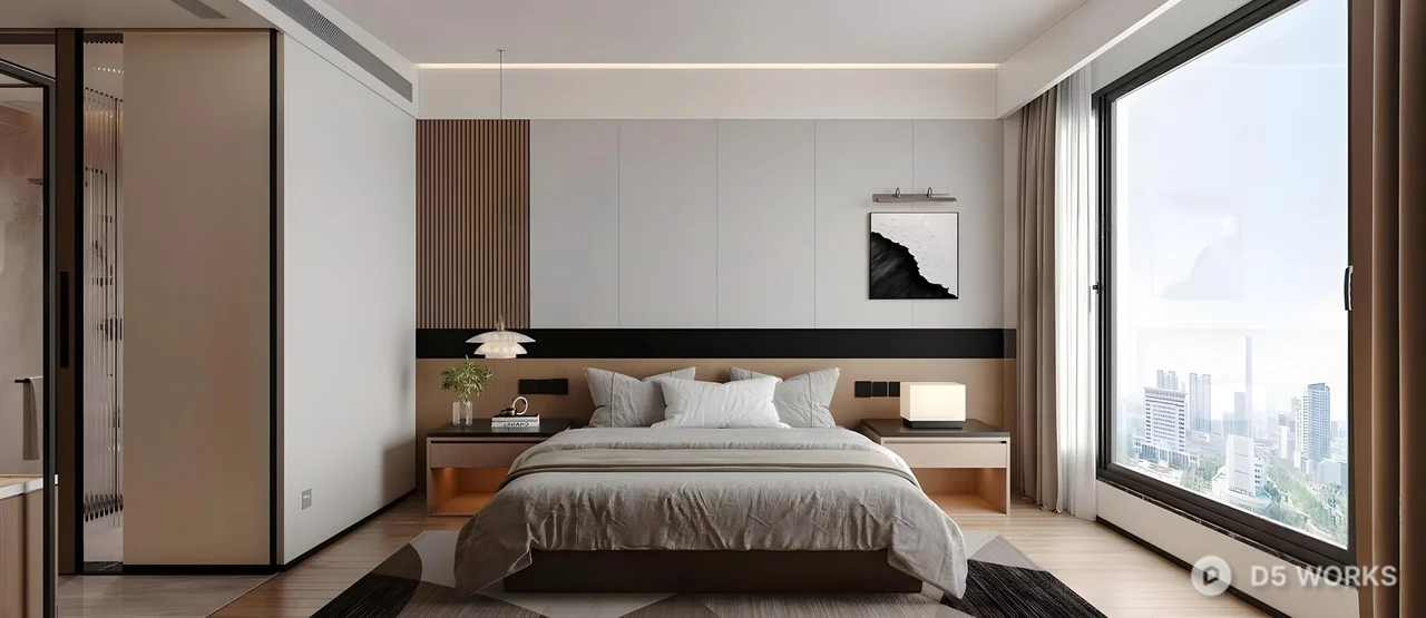 Modern Minimalist Bedroom with City View 3d model - Image 1