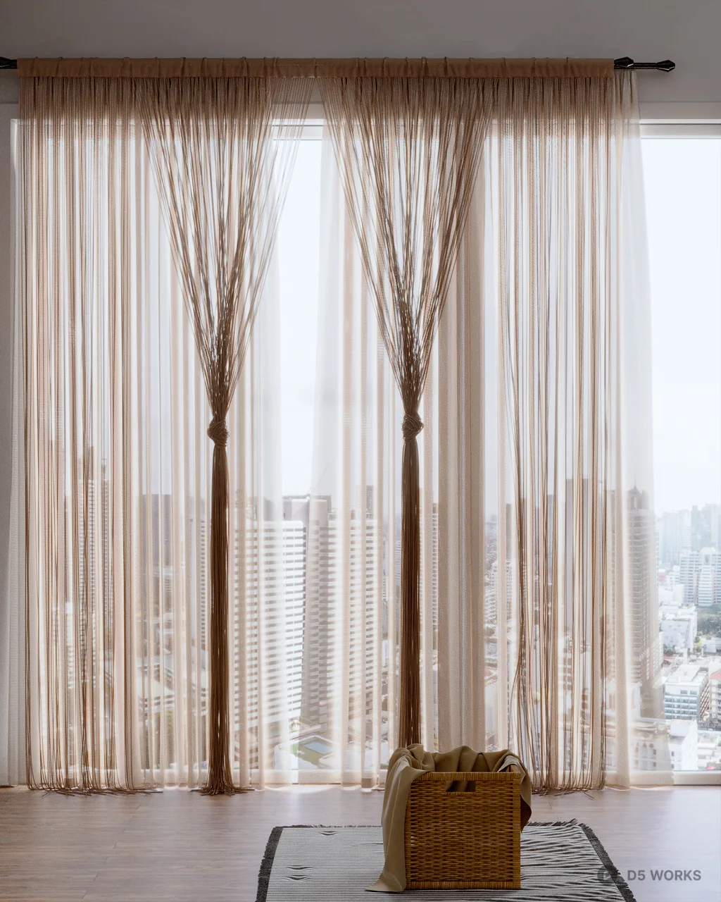Minimalist Living Room with Sheer Curtains 3d model - Image 1