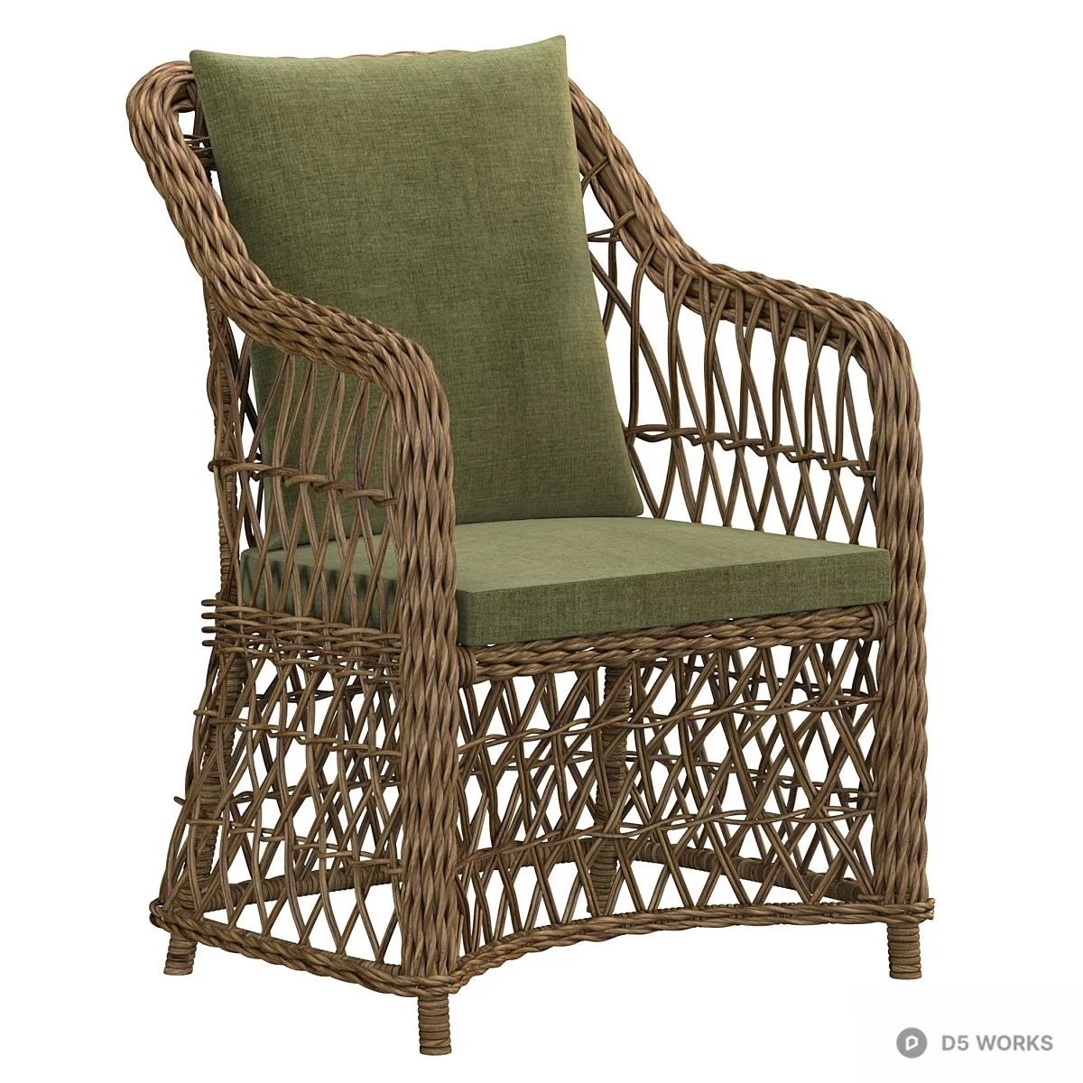 Woven Rattan Armchair With Green Cushion 3d model - Image 1