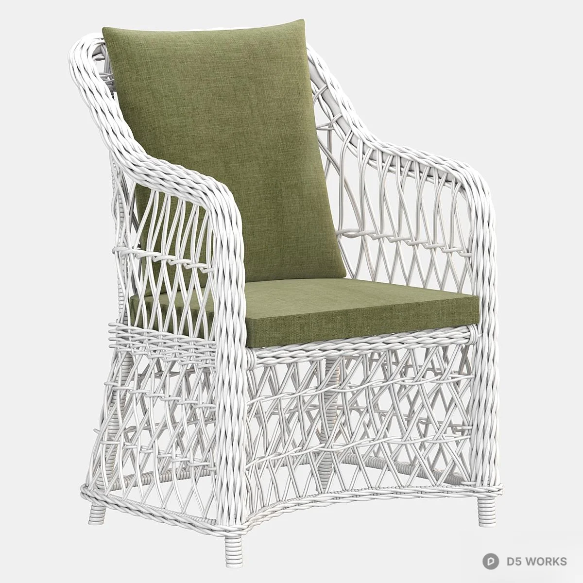 Woven Rattan Armchair With Green Cushion 3d model thumbnail 3