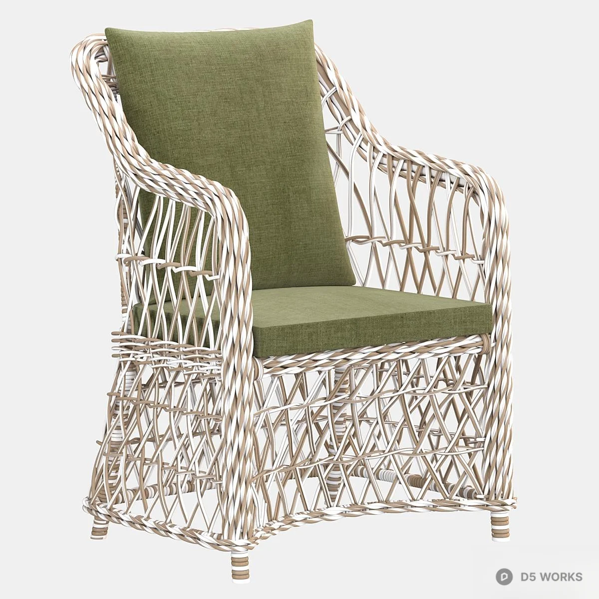 Woven Rattan Armchair With Green Cushion 3d model thumbnail 2