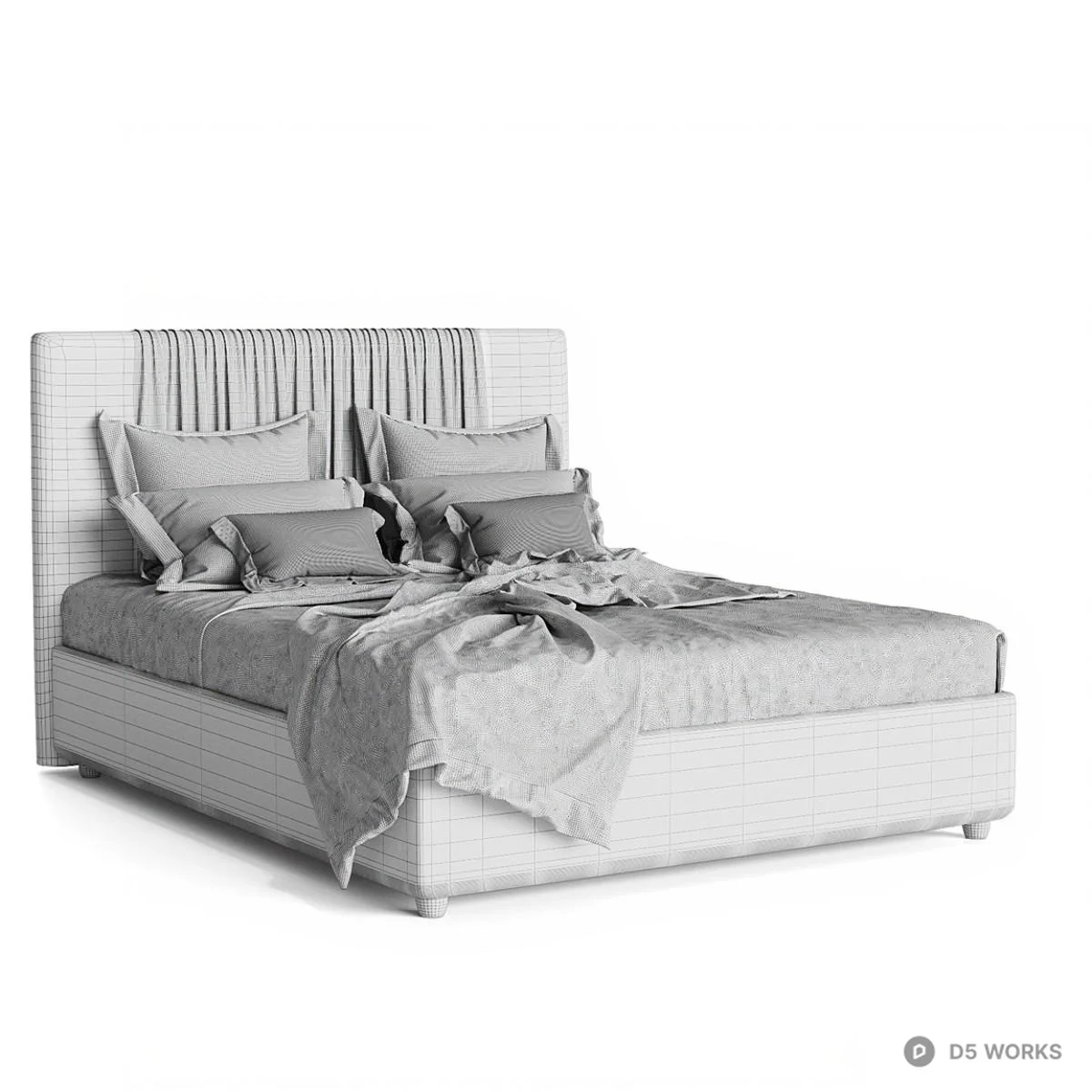 Upholstered Double Bed With Pleated Headboard 3d model thumbnail 4