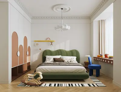 Modern Boy's Bedroom with Green Bed and Playful Accents 3d model