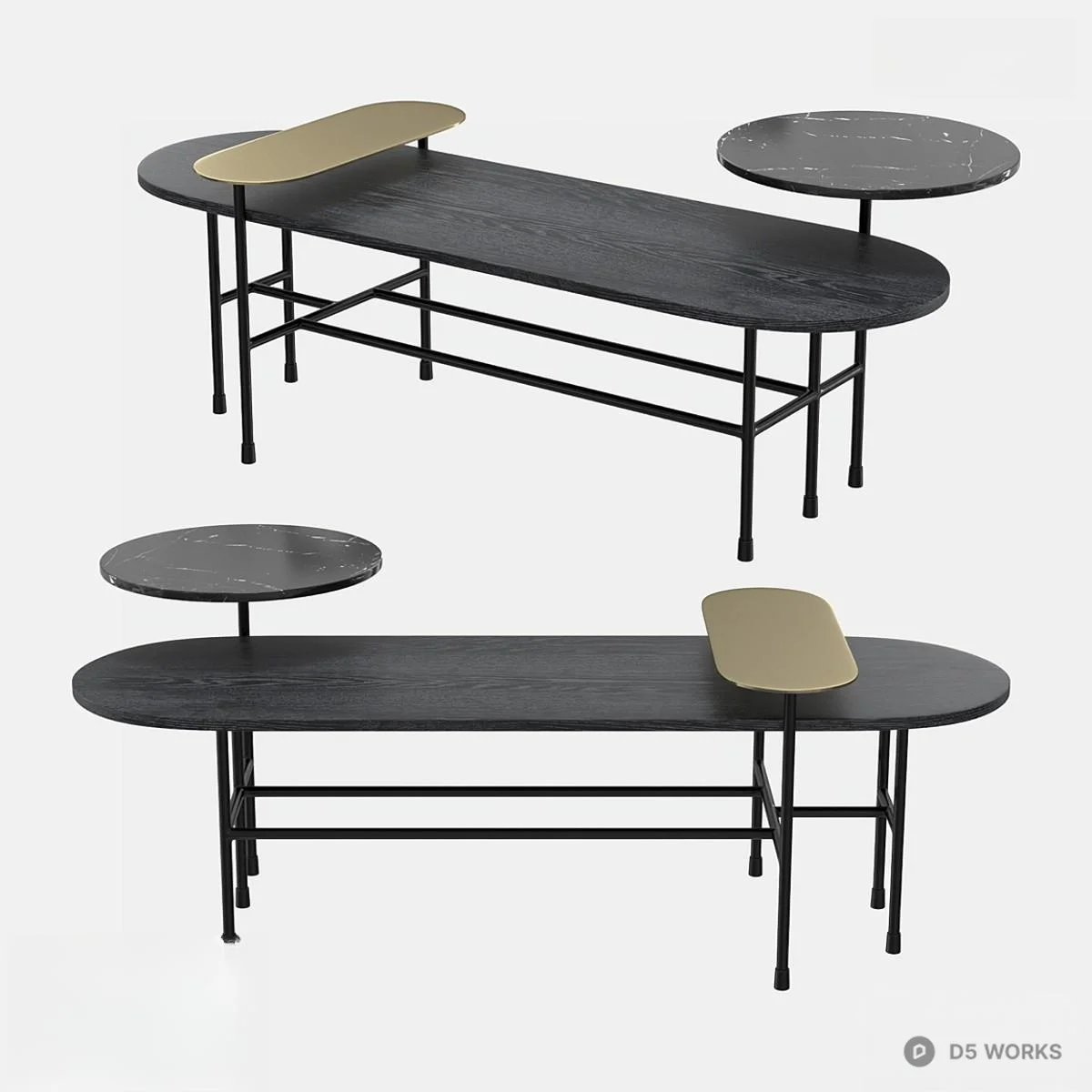 Minimalist Black Marble Top Coffee Table With Brass Accent 3d model - Image 1
