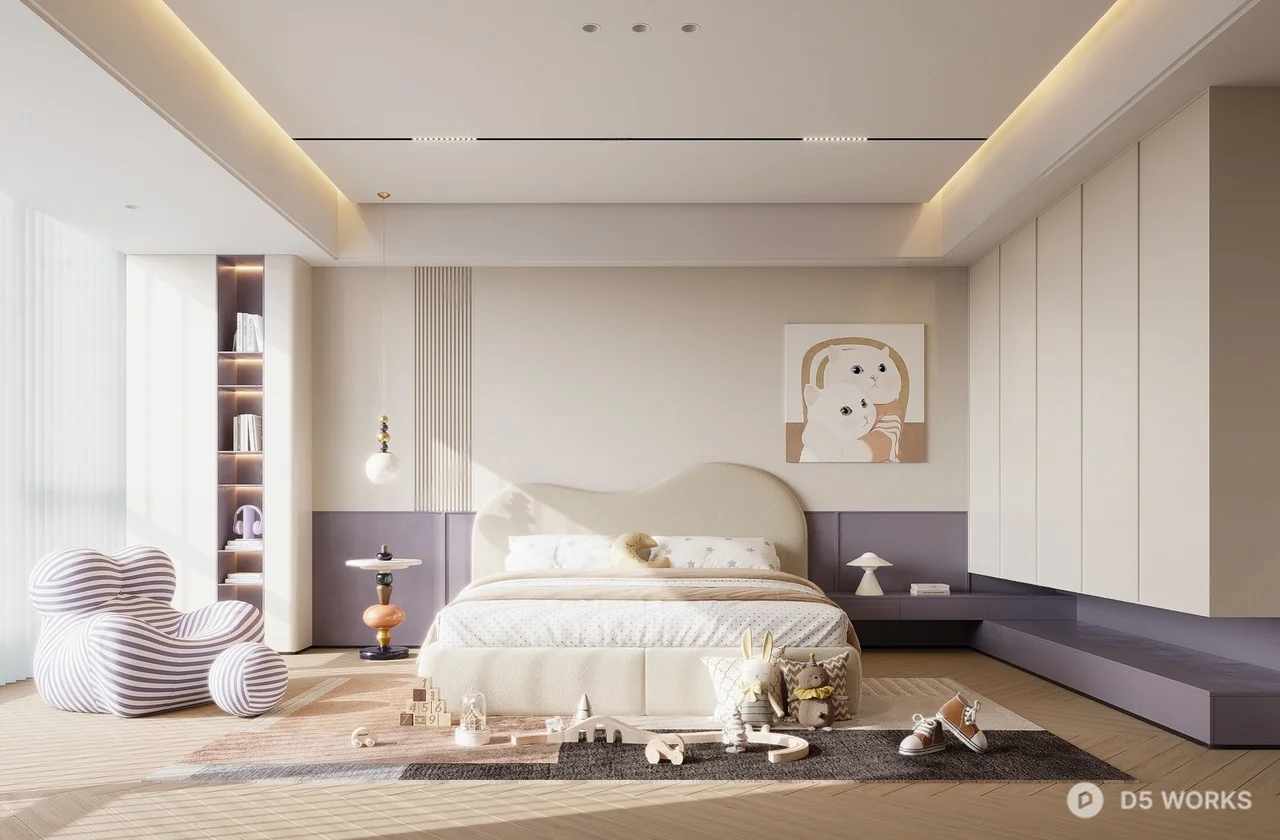Modern Girl's Bedroom with Soft Tones and Playful Elements 3d model - Image 1
