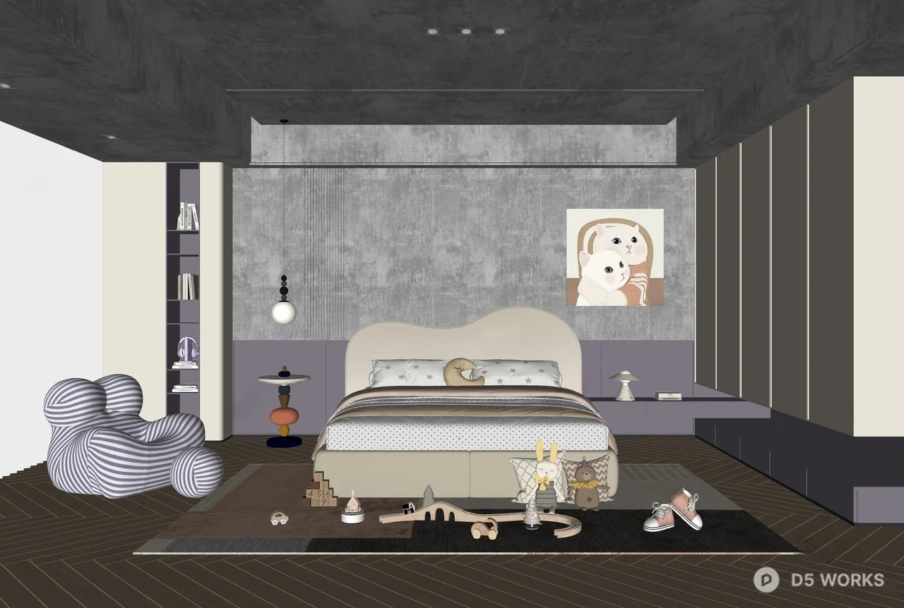 Modern Girl's Bedroom with Soft Tones and Playful Elements 3d model thumbnail 2