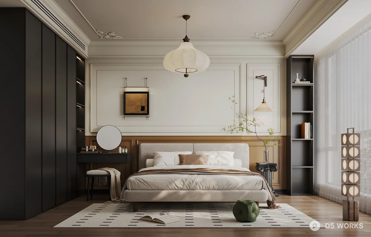 Mid Century Modern Bedroom with Wooden Accents 3d model - Image 1