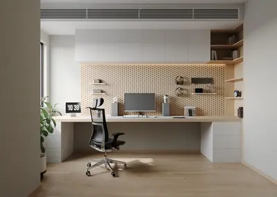 Minimalist Home Study With Integrated Desk And Pegboard Wall 3d model