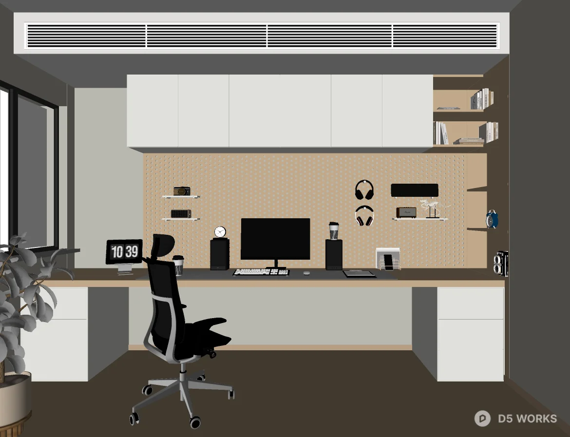 Minimalist Home Study With Integrated Desk And Pegboard Wall 3d model thumbnail 2