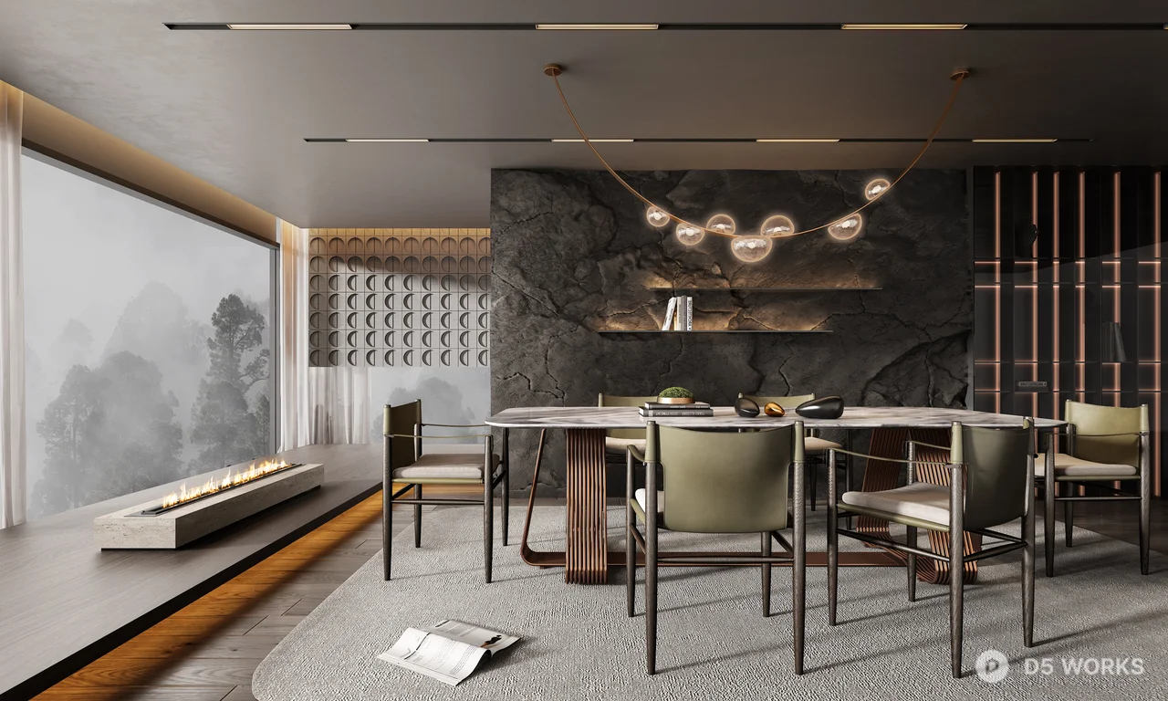 Modern Villa Dining Room with Stone Accent Wall 3d model - Image 1
