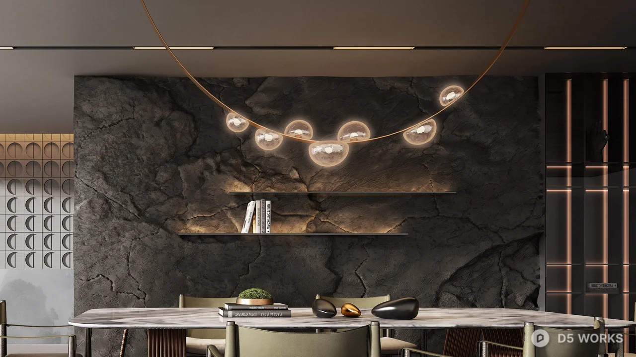 Modern Villa Dining Room with Stone Accent Wall 3d model thumbnail 3