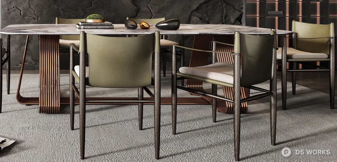 Modern Villa Dining Room with Stone Accent Wall 3d model thumbnail 2